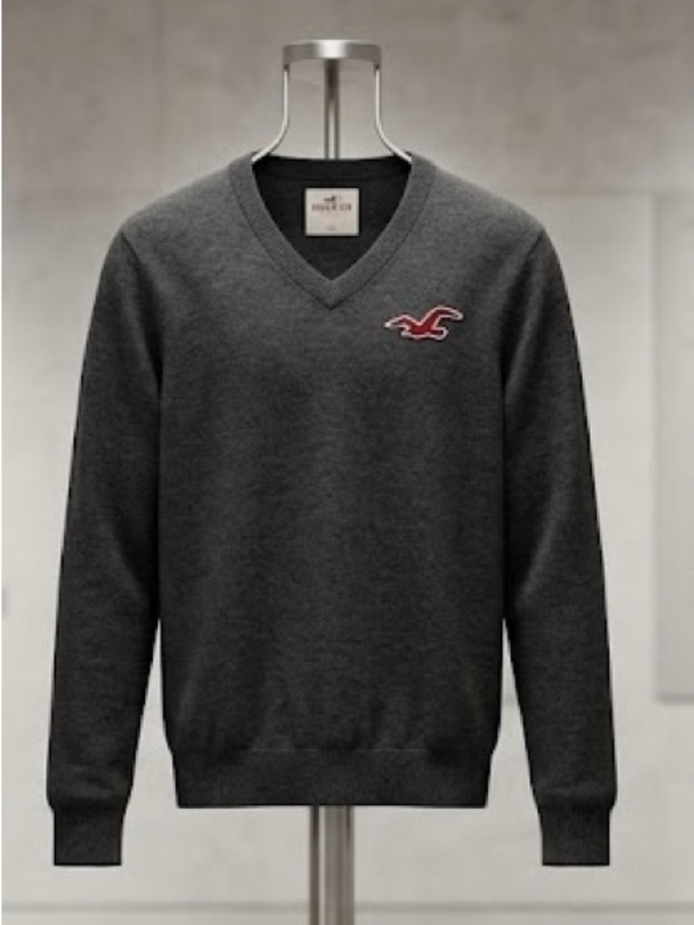 Hollister Men's Charcoal V-Neck Sweater with Red Logo